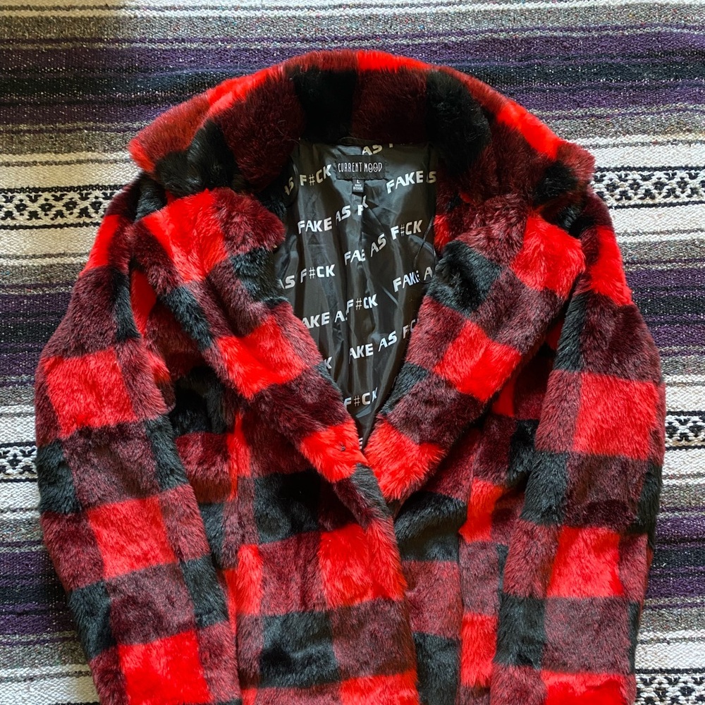 Current Mood plaid faux fur coat